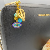 Exclusive Gold Crystal Blue Khanda, Evil Eye Shaped Bag Charm, Sikh, Keyring, Keychain