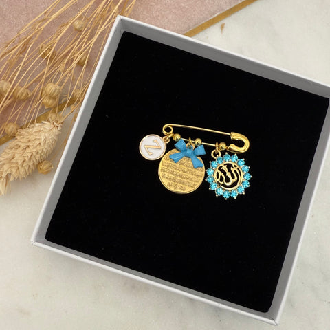 Blue Personalised Mini Diamante Allah & Ayatul Kursi Baby Clothing Pin