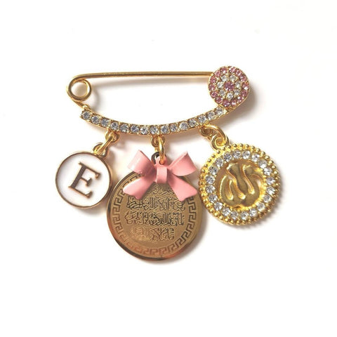 Evil Eye Baby Pink Diamante Personalised Initial Wa In Yakad & Allah Mini Pin, Wan Yakad, Surah Al-Qalam