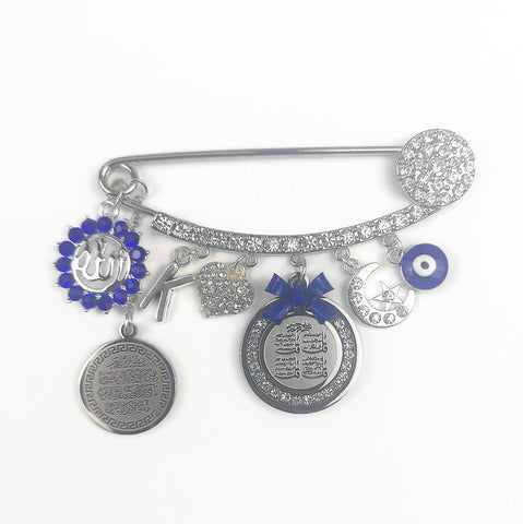 4 Qul, Ayatul Kursi Silver Allah Royal Blue Diamante Stroller Pin - 4 Kul, Four Qul, Islam, Muslim, Baby Pin, Stroller