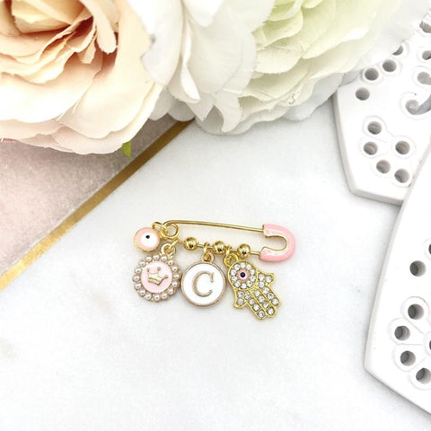 Personalised Pink Mini Evil Eye Baby Clothing Pin, Hamsa Hand, Flower, Letter
