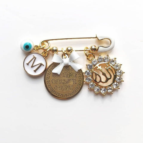 Personalised Mini Diamante Allah & Ayatul Kursi, Evil Eye Baby Clothing Pin