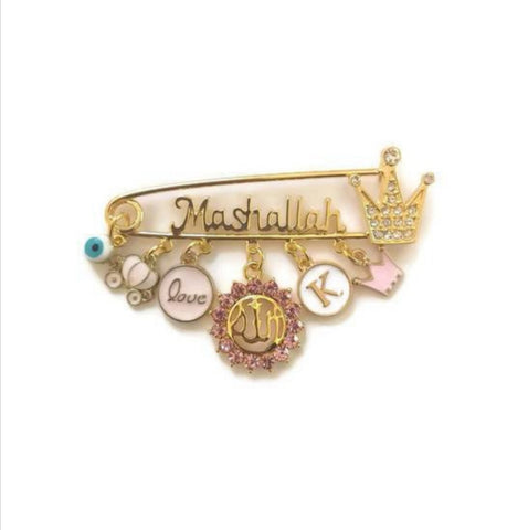 Mashallah Pink Personalised Diamante Initial Allah Baby Pin, Masallah, Masha Allah, Evil Eye, Brooch, Rhinestone, Neutral, Unisex, Gender