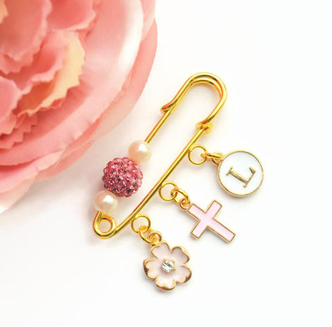 Small Pink Gold Blessing, Good Luck, Stroller Pin, Christening & Baby Shower Gift, Cross, Initial, Shambala