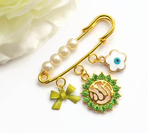 Small Gold Blessing, Good Luck, Muslim Stroller Pin with Allah Charm