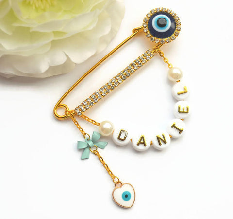 Personalised Large Beautiful Evil Eye Pin with Bow & Evil Eye Charm, Baby Muslim Protection Stroller Pin