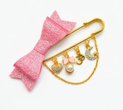 Large Pink Glitter Bow Om Stroller Pin - Hindu Baby Gift