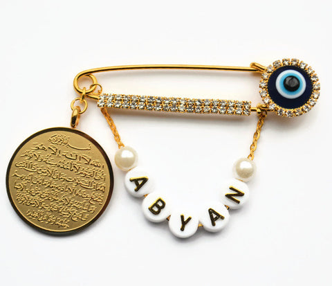 Personalised Large Beautiful Diamante Evil Eye Pin with Ayatul Kursi Charm & Name - Eid