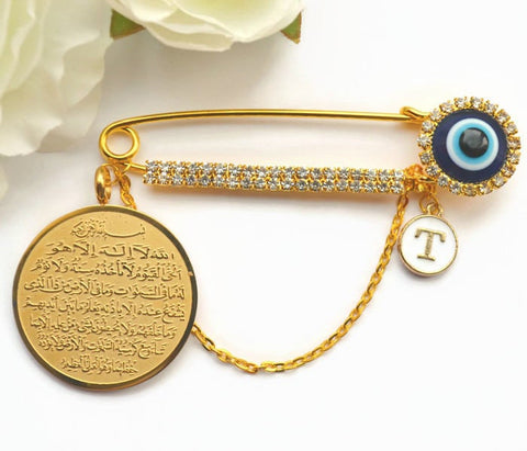 Personalised Large Beautiful Diamante Evil Eye Pin with Ayatul Kursi Charm & Initial - Eid