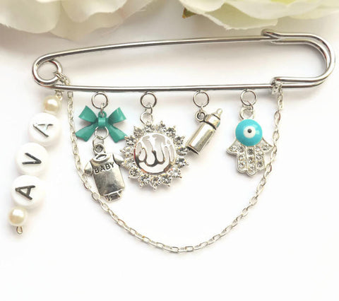 Personalised Large Stroller Pin - Diamante Allah, Hand of Hamsa, Evil Eye, Name - Eid