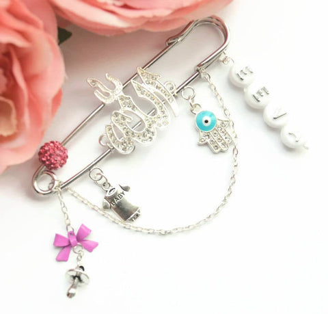 Personalised Large Silver & Pink Stroller Pin - Allah Hand of Hamsa Evil Eye by JustForBubba