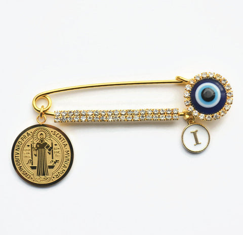 Personalised Large Beautiful Diamante Evil Eye Pin with Saint Benedict Charm