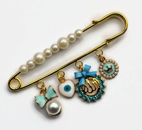 Large Allah Pin with Evil Eye Charm - Muslim Protection Stroller Pin