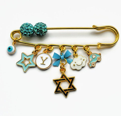 Large Gold & Blue Star Of David Jewish Evil Eye Stroller Pin - Hanukkah, Judaica, Chanukah