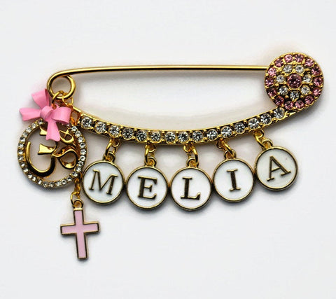 Diamante Large Pink Personalised Evil Eye Name Baby Stroller Pin - Multi Faith, Om, Cross