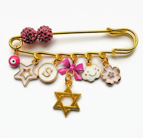 Large Gold & Pink Star Of David Jewish Evil Eye Stroller Pin - Hanukkah, Judaica, Chanukah