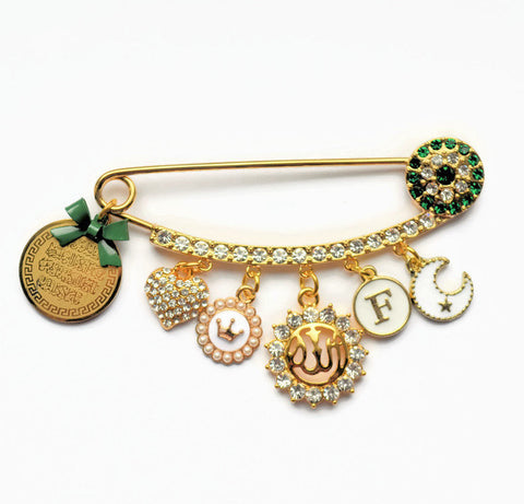 Diamanate Luxury Personalised Emerald Green Allah, Evil Eye, Ayatul Kursi Stroller Pin
