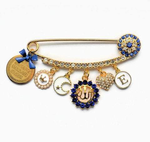 Diamanate Luxury Personalised Royal Blue Allah, Evil Eye, Ayatul Kursi Stroller Pin
