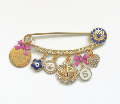 Personalised Diamante Royal Blue & Pink Ayatul Kursi, Allah, Evil Eye Stroller Baby Pin