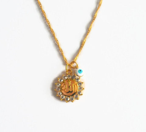 Gold Diamante Allah with Evil Eye Necklace, Kids, Nazar, Gifts for Her, Muslim, Islamic, Hajj, Umrah