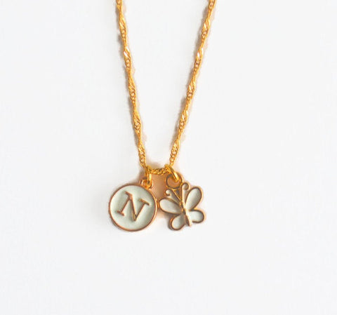 Gold Butterfly Initial Letter Necklace, Bridesmaid, Monogram, Kids, Childrens, Gifts for Her, Personalized