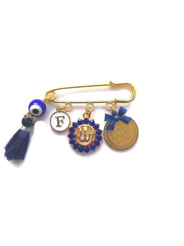 Personalised Mini Allah & Ayatul Kursi Evil Eye Tassel Baby Clothing Pin with Initial Monogram