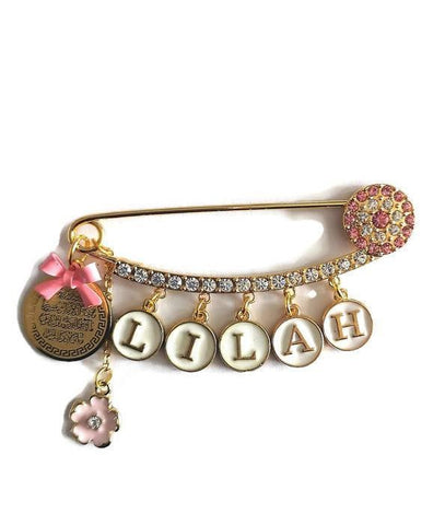 Diamanate Luxury Personalised Name Pink Evil Eye, Ayatul Kursi, Flower Stroller Pin