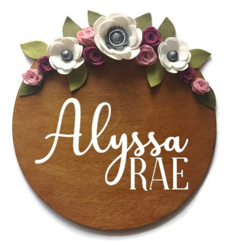 Personalised Name Wood Sign with Handmade Felt Flowers - Plaque, Frame, Wooden, Personalised, New Baby, Baby Girl, Birthday