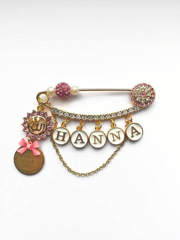 Diamanate Luxury Personalised Name Pink Evil Eye, Ayatul Kursi, Allah Stroller Pin