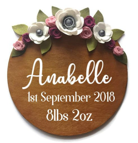 Personalised New Baby Wood Sign with Handmade Felt Flowers - Plaque, Frame, Wooden, Personalised, Date, DOB, Weight