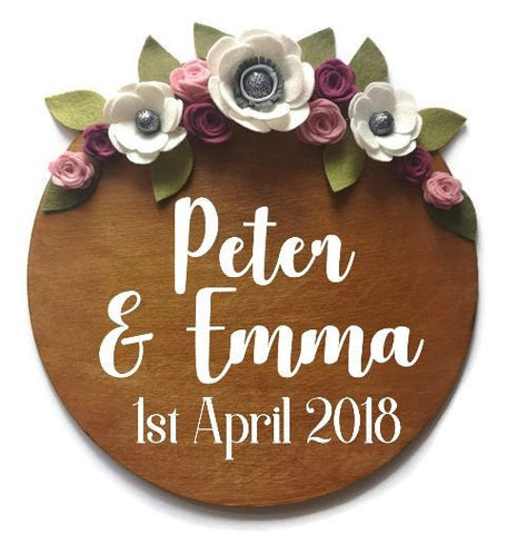 Wedding, Couples name, Wedding Date, Wood Sign Felt Flowers - Plaque, Frame, Wooden, Personalised