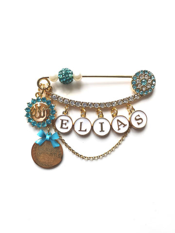 Diamanate Luxury Blue Personalised Name Pink Evil Eye, Ayatul Kursi, Allah Stroller Pin