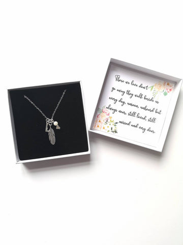 Grief Loss Intial Feather Heart Pearl Necklace - Death, Passing, Miscarriage, Parent