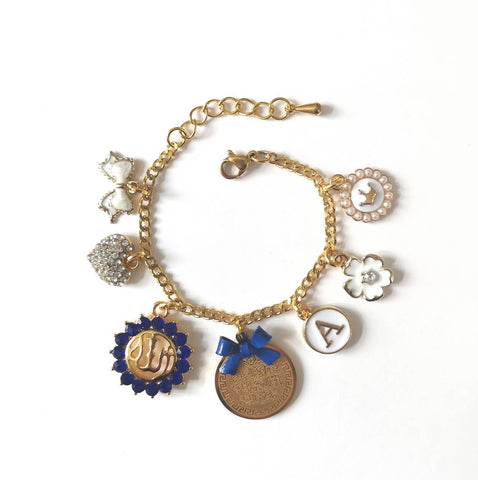 Childrens Charm Royal Blue Personalised Allah, Ayatul Kursi,  Name Charm Bracelet - Muslim, Islamic