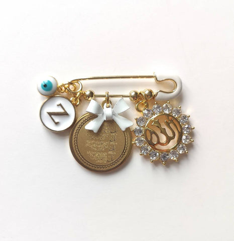 Personalised Gold Mini Diamante Allah & 4 Qul, Evil Eye Baby Clothing Pin, Nuetral, Unisex, Gender Neutral, Chaar Qul, 4 Kul