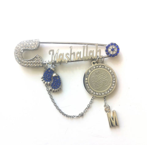 Personalised Mashallah Diamante Silver Plated 4 Qul, Allah, Evil Eye Stroller Baby Pin - Muslim, Islamic, Name, Custom