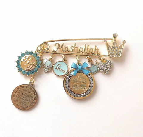 Mashallah Blue Personalised Diamante Initial Ayatul Kursi Allah 4 Qul Baby Pin, Masallah, Masha Allah, Evil Eye, Brooch, Chaar Qul, 4 Kul