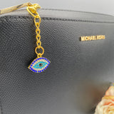Exclusive Gold Crystal Blue Evil Eye Shaped Bag Charm, Keyring, Keychain, Protection
