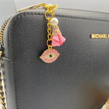 Exclusive Gold Crystal Pink Evil Eye Shaped Bag Charm, Keyring, Keychain, Protection