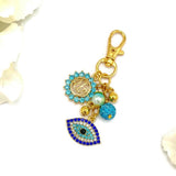 Exclusive Gold Crystal Blue Allah, Evil Eye Shaped Bag Charm, Keyring, Keychain
