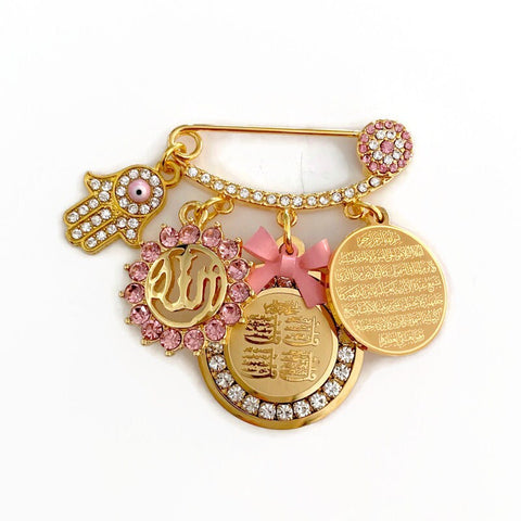 Pink Crystal Diamante Personalised 4 Qul, Ayatul Kursi &  Crystal Allah Mini Pin - Gender Neutral, Unisex, Hamsa Hand
