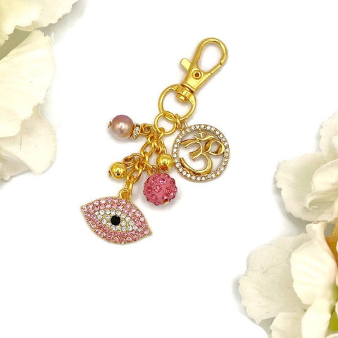Exclusive Gold Crystal Pink Om, Evil Eye Shaped Bag Charm, Aum, Hindu, Keyring, Keychain