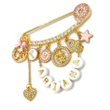 Diamanate Pink Personalised Om and Ganesh, Evil Eye, Hamsa Hand Stroller Pin - Aum, Hindu, Baby