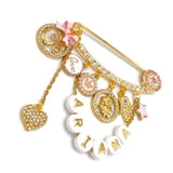 Diamanate Pink Personalised Om and Ganesh, Evil Eye, Hamsa Hand Stroller Pin - Aum, Hindu, Baby