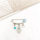 Personalised Mini Evil Eye Silver Baby Clothing Pin, Hamsa Hand, Eye, Star, Letter, Pink, Blue, Blue, Protection, Clothing, Newborn Gift
