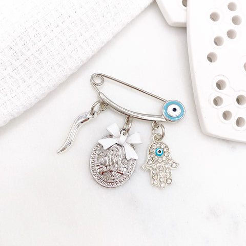 Silver Evil Eye, Virgin Mary, Italian Horn, Hamsa Hand Protection Baby Pin, Safety Pin, Jewellery, Custom, Christian, Cornicello