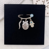 Silver Evil Eye, Virgin Mary, Italian Horn, Hamsa Hand Protection Baby Pin, Safety Pin, Jewellery, Custom, Christian, Cornicello