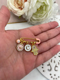 Personalised Pink Mini Evil Eye Baby Clothing Pin, Hamsa Hand, Crown, Letter