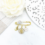 Personalised Gold and White Om Stroller Pin - Om Hindu Religion Symbol Jewellery with Initial and Pearls, Aum