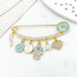 Blue Crystal Italian Horn Evil Eye Pin, Baby Pin, Gold Safety Pin, Baby Brooch, Stroller Pin, Baptism, Baby Shower, Christian, Cornicello